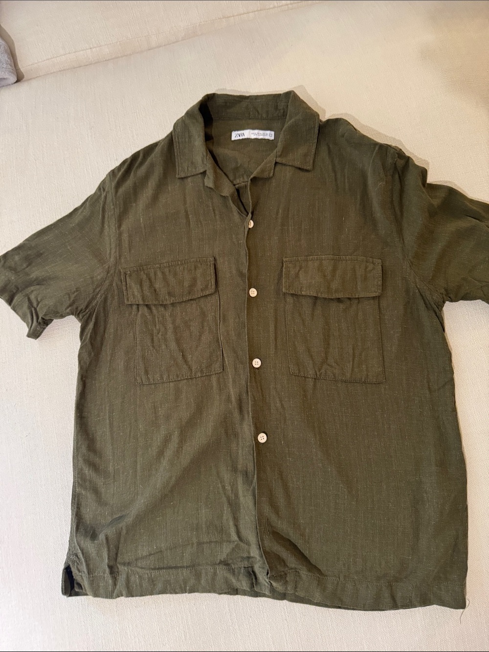 Zara Olive Green Short Sleeve Button-Down Camp Shirt